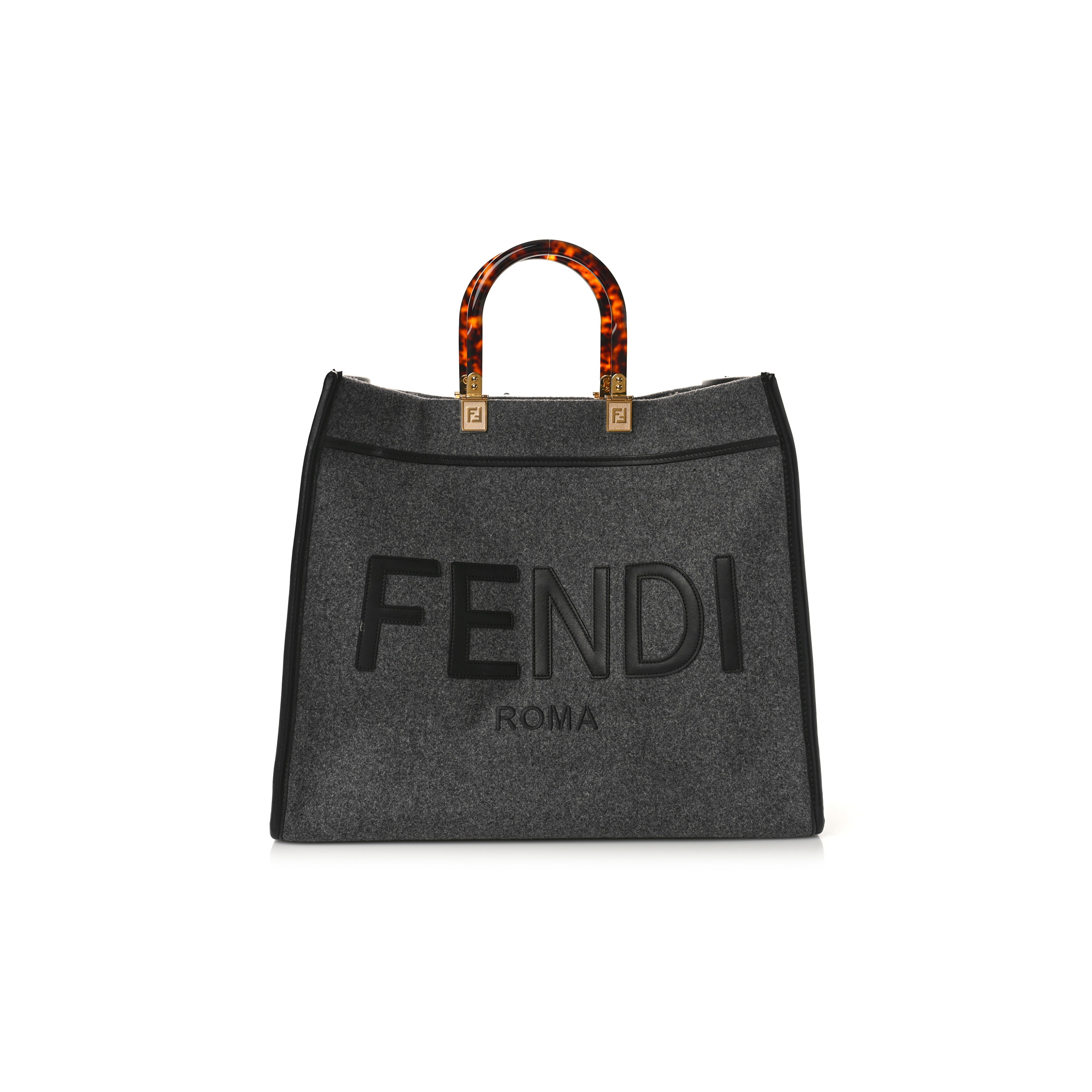 FENDI MELANGE FLANNEL PLEXIGLASS SATIN LOGO EMBROIDERED THREADED EDGE LARGE FENDI SUNSHINE SHOPPER TOTE GRIGIO BLACK (40*34*20cm)