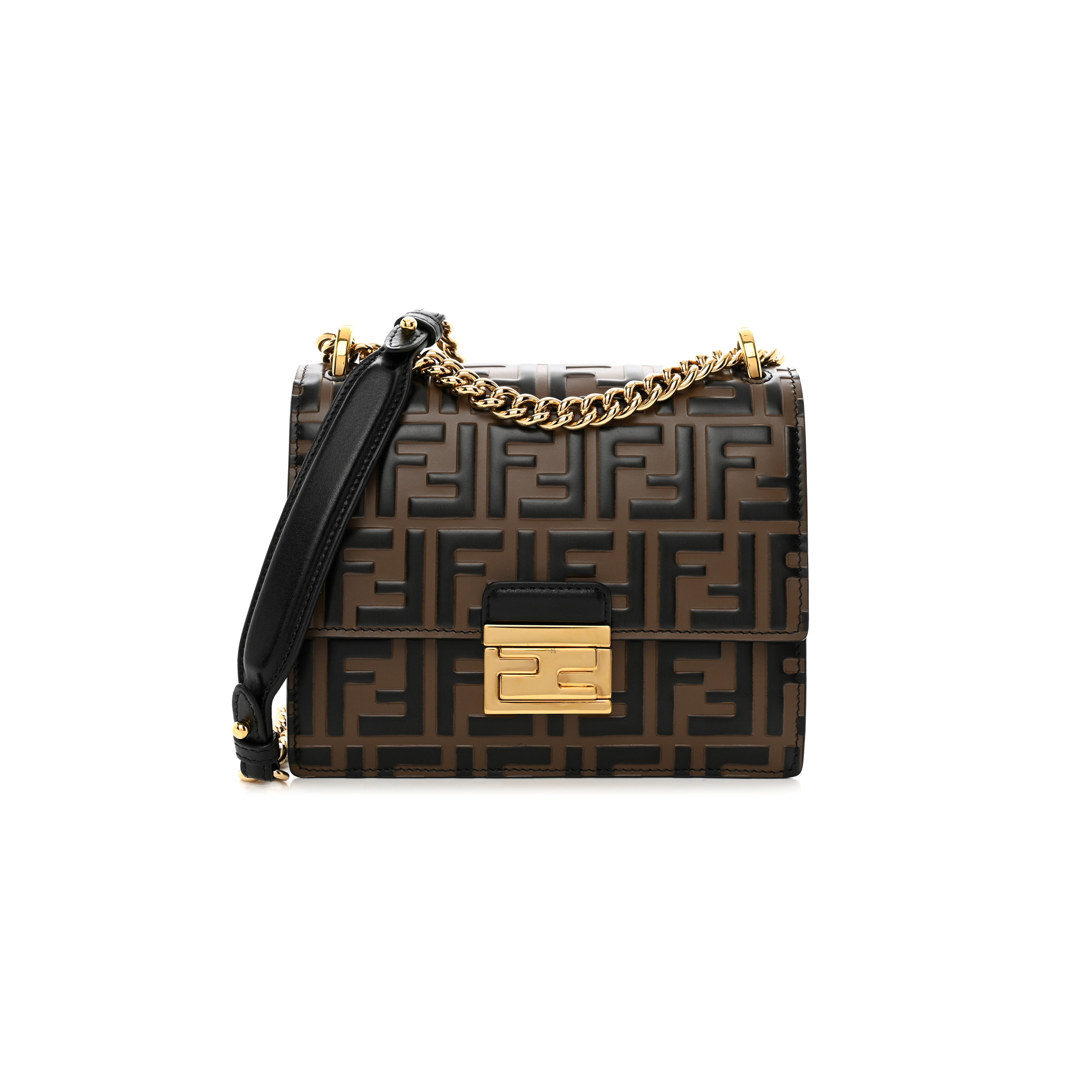 FENDI VITELLO LIBERTY BI-COLOR FF 1974 EMBOSSED SMALL KAN U SHOULDER BAG MAYA BLACK (19*15*9cm)