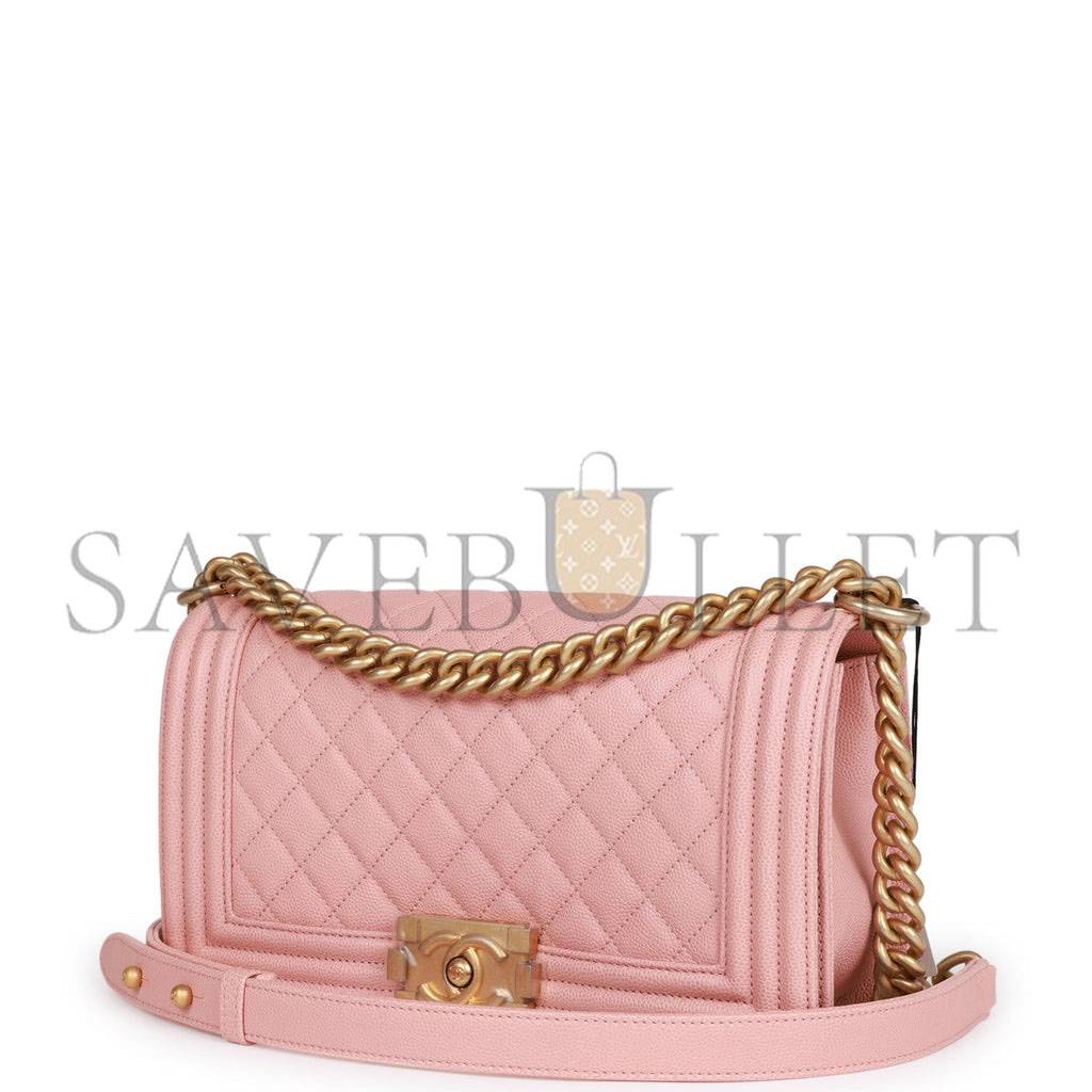 CHANEL MEDIUM BOY BAG PINK CAVIAR ANTIQUE GOLD HARDWARE (25*15*9cm)