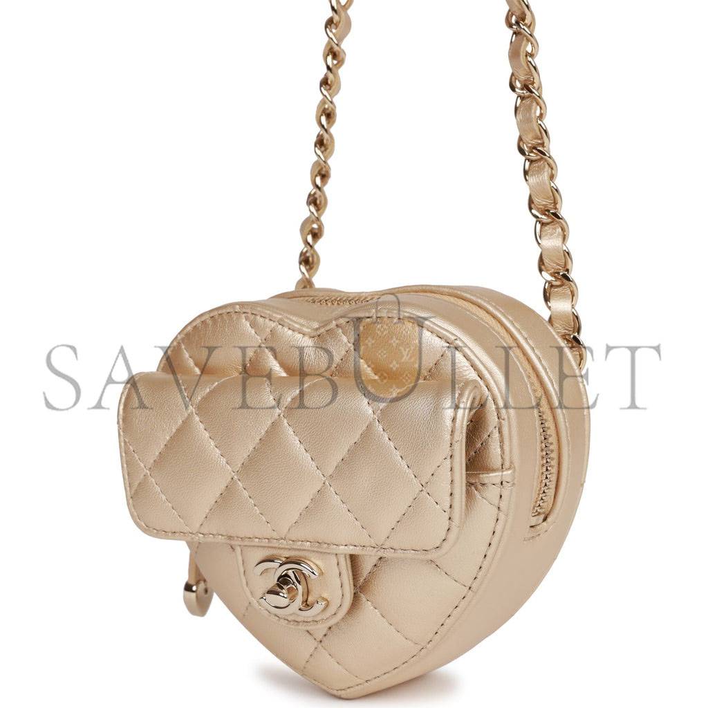 CHANEL CC IN LOVE HEART BELT BAG GOLD LAMBSKIN LIGHT GOLD HARDWARE (11*10*4cm)