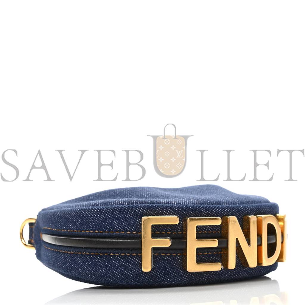 FENDI DENIM SHINY NAPPA NANO FENDIGRAPHY HOBO CHARM BLUE MORO (16*10*5cm)